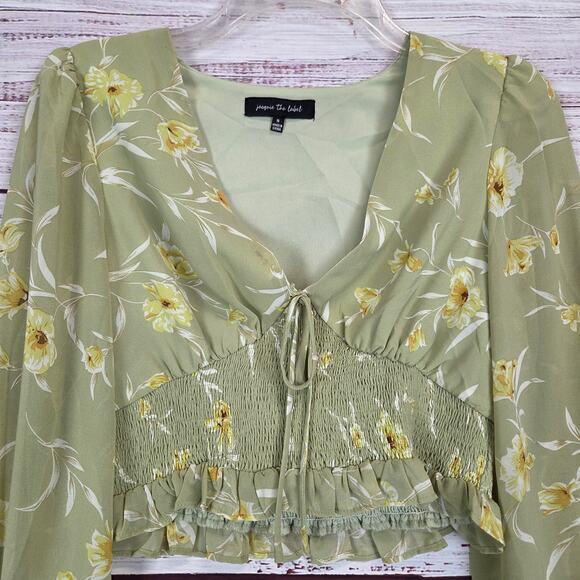 Fairy Floral Pastel Green Crop Blouse Sm Ruched Sheer Bishop Sleeve V-Neck Top - Picture 3 of 11